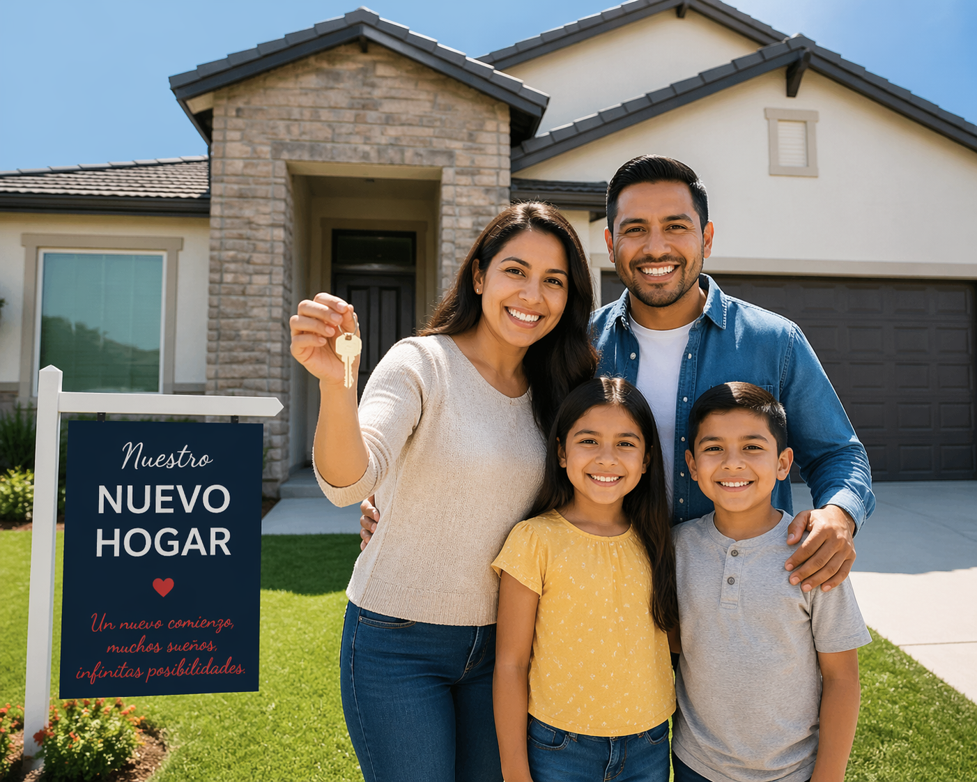 Familia feliz frente a una casa en Houston