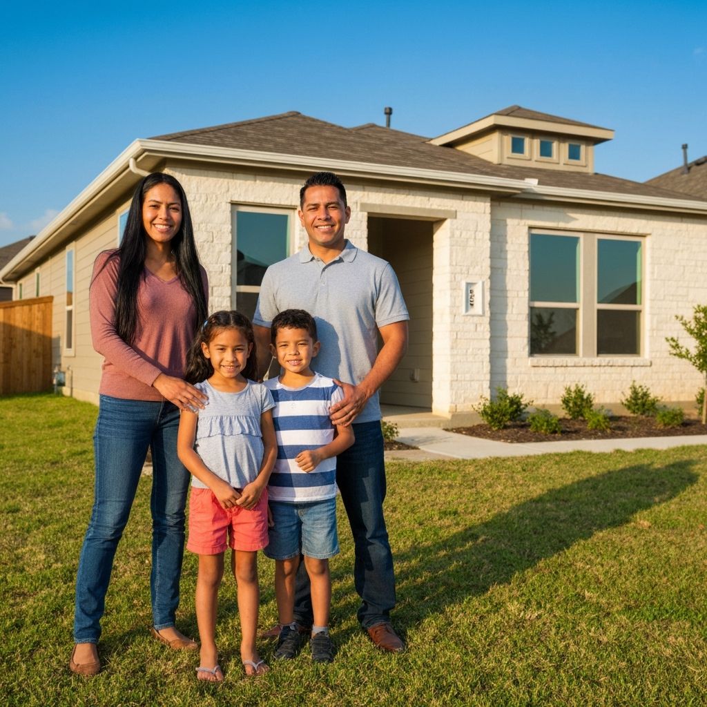 Familia feliz frente a su nueva casa en Texas